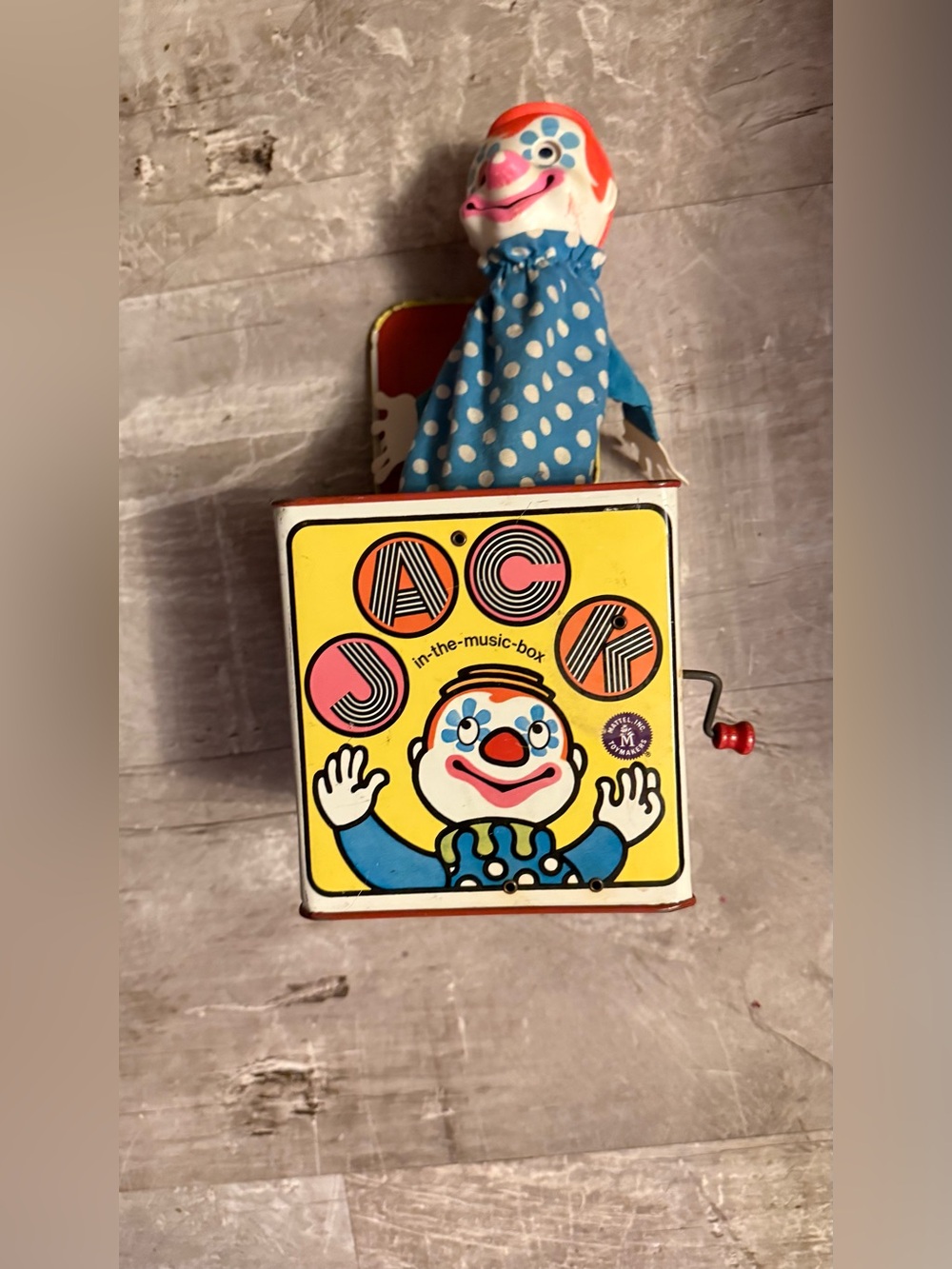 Vintage Jack-in-the-Box Clown Toy - Blue Polka Dot